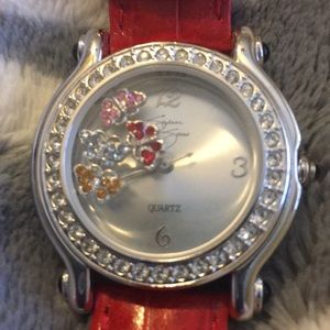 Floating Crystal Butterfly Red Leather Watch!